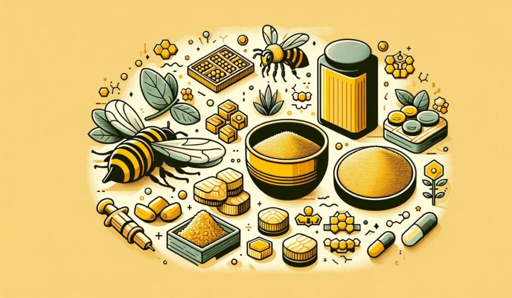 La imagen muestra el polen de abeja en diversas formas, como gránulos y suplementos, simbolizando su uso en el tratamiento de la prostatitis y resaltando elementos de salud y bienestar natural.